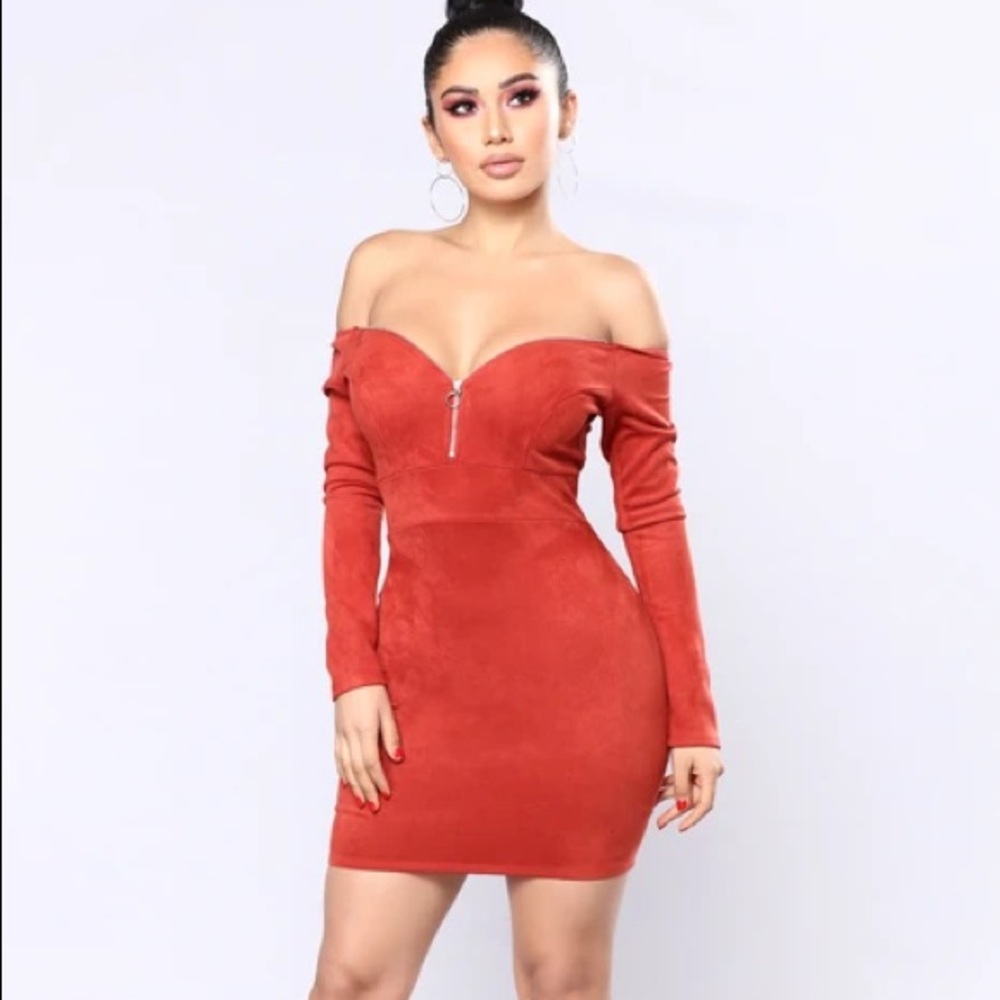 Rust Suede Dress Off The Shoulder